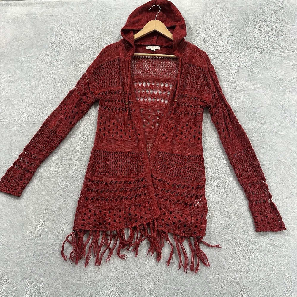 It's Our Time Open Front Cardigan Top Women M Red Fringe Festival Boho Knit Hood